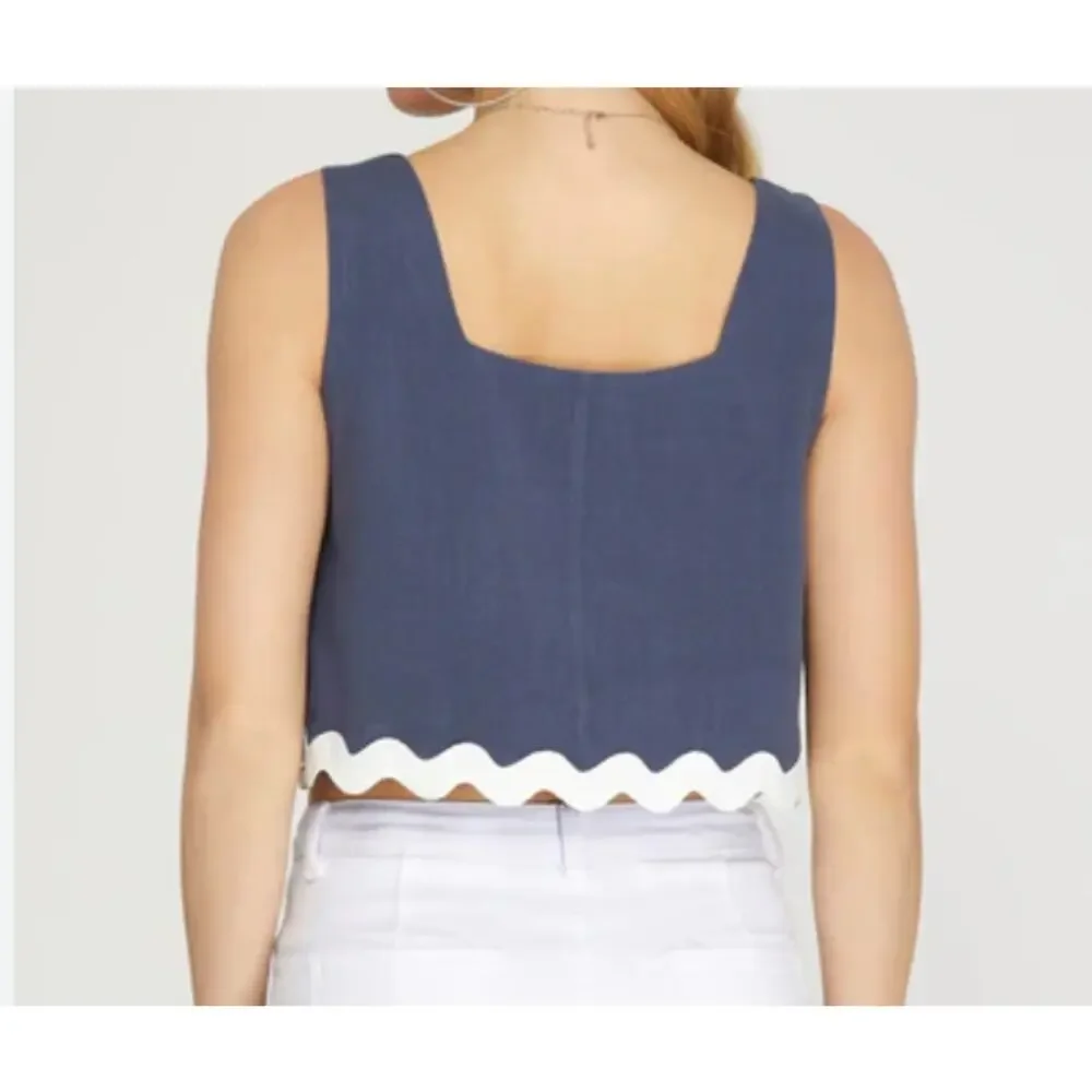 Fab'rik Scallop Hem Square Neck Linen Blend Tank Top NEW Size Medium - Picture 3 of 11